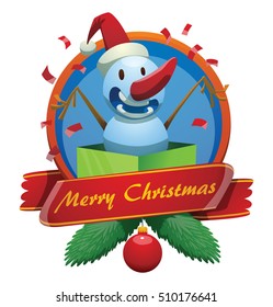 Vector round Christmas frame with red banner, fir branches and with cartoon image of a funny snowman with red nose, in a Santa's hat, sitting in a green present box and smiling on a white background.