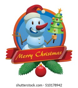 Vector round Christmas frame with red banner, fir branches and with cartoon image of a funny snowman with red nose, in a Santa's hat, standing with a green tree in his hand on a white background.