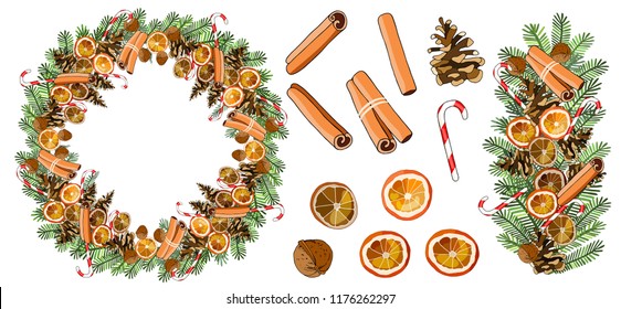 Vector Round Christmas wreath with cinnamon sticks, dried oranges, caramel cane, walnut, cones, spruce branches isolated on white. For festive decoration, announcements, cards, invitations, posters.