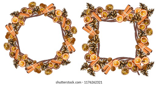 Vector Round Christmas wreath and frame with cinnamon sticks, dried oranges, walnut, cones isolated on white. For festive decoration, announcements, cards, invitations, posters.
