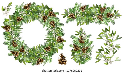 Vector Round Christmas wreath with mistletoe, fir cone, spruce branches isolated on white. For festive decoration, announcements, cards, invitations, posters.