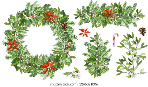 Vector round Christmas wreath with mistletoe, fir branches, fir cone, poinsettia isolated on white. For holiday decorations, announcements, cards, invitations, posters.