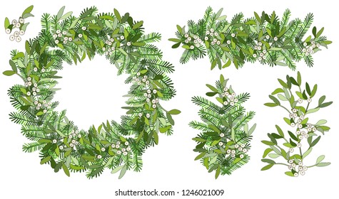 Vector Round Christmas wreath with mistletoe, spruce branches isolated on white. For festive decoration, announcements, cards, invitations, posters.