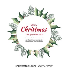 Vector round Christmas wreath with with winter flowers isolated on white. For festive decoration of announcements, postcards, invitations, posters.