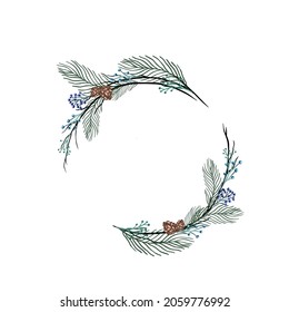 Vector alrededor de la corona navideña con flores de invierno aisladas en blanco. Para la decoración festiva de anuncios, postales, invitaciones, afiches.