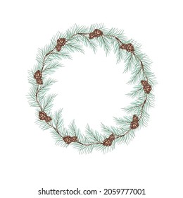 Vector round Christmas wreath with with winter flowers isolated on white. For festive decoration of announcements, postcards, invitations, posters.