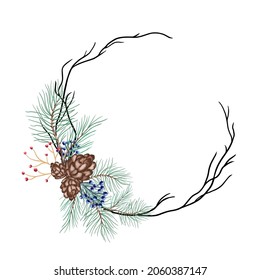 Vector round Christmas wreath with with winter flowers isolated on white. For festive decoration of announcements, postcards, invitations, posters.