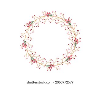Vektor rund um den Weihnachtskranz mit Winterblumen einzeln auf Weiß. Für festliche Dekoration von Ankündigungen, Postkarten, Einladungen, Poster.