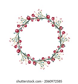 Vector round Christmas wreath with with winter flowers isolated on white. For festive decoration of announcements, postcards, invitations, posters.