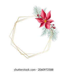 Vector round Christmas wreath with with winter flowers isolated on white. For festive decoration of announcements, postcards, invitations, posters.