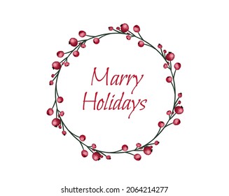 Vector round Christmas wreath with with winter flowers isolated on white. For festive decoration of announcements, postcards, invitations, posters.