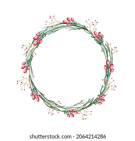 Vector round Christmas wreath with with winter flowers isolated on white. For festive decoration of announcements, postcards, invitations, posters.