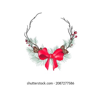 Vector round Christmas wreath with with winter flowers isolated on white. For festive decoration of announcements, postcards, invitations, posters.