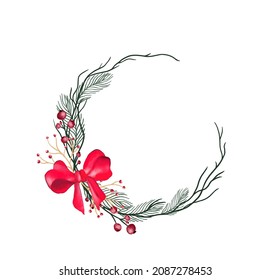 Vector round Christmas wreath with with winter flowers isolated on white. For festive decoration of announcements, postcards, invitations, posters.
