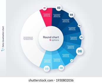 Vector round circle infographic chart template divided by nine parts.