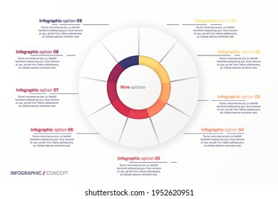 Vector Round Circle Infographic Chart Template Divided By Nine Parts.