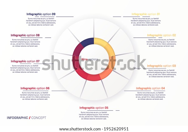 Vector round circle infographic chart template\
divided by nine parts.