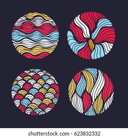 Vector round circle in stained glass style. Freehand vector decorative outline liners abstract floral freehand element in different color on dark background for your design, posters, stickers, prints