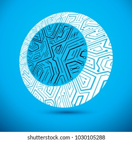 Vector round circuit board with electronic components of technology device. Computer motherboard cybernetic abstraction.