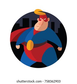 Vector round city night frame with cartoon image of a funny fat superhero in a red-blue suit, a cloak and a red mask, resolutely standing on a white background. Superhero, savior, comic, hero. 
