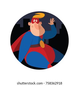 Vector round city night frame with cartoon image of a funny fat superhero in a red-blue suit, a cloak and a red mask, sitting and smiling on a white background. Superhero, savior, comic, hero.