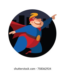 Vector round city night frame with cartoon image of a funny fat superhero in a red-blue suit, a cloak and a red mask, flying somewhere and smiling on a white background. Superhero, savior, comic, hero