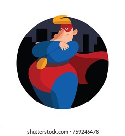 Vector round city night frame with cartoon image of a funny fat superhero in a red-blue suit, a cloak and a red mask, standing with his arms crossed on a white background. Superhero, comic, hero.