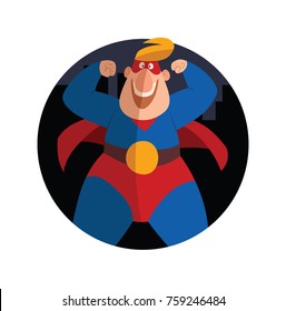 Vector round city night frame with cartoon image of a funny fat superhero in a red-blue suit, a cloak and a red mask, standing in the pose of a bodybuilder on a white background. Superhero, comic,hero