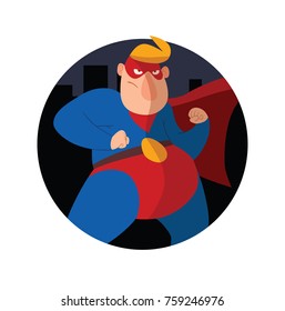 Vector round city night frame with cartoon image of a funny fat superhero in a red-blue suit, a cloak and a red mask, standing in a fighting position on a white background. Superhero, comic, hero.