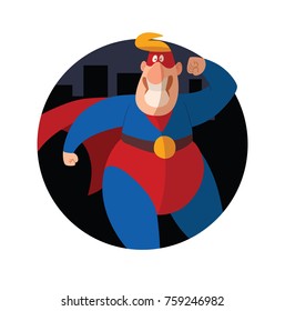 Vector round city night frame with cartoon image of a funny fat superhero in a red-blue suit, a cloak and a red mask, showing muscles and smiling on a white background. Superhero, savior, comic, hero.