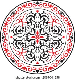 Vector round classic European ornament, red with black. Floral pattern in a circle. Antiquity of ancient greece and the roman empire
