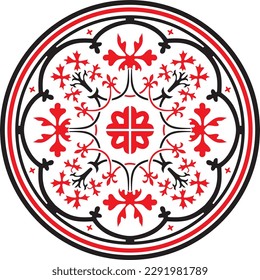 Vector round classic European ornament, red with black. Floral pattern in a circle. Antiquity of ancient greece and the roman empire