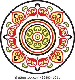 Vector round colored ancient Russian ornament. Slavic border, frame. Circle, ring. Painting of the royal chambers.
