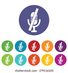 Vector round colored icon set with image of muted microphone, isolated on white