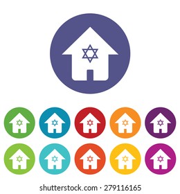 Vector round colored icon set with house with Star of David, isolated on white