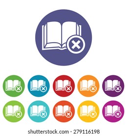 Vector round colored icon set with image of book and cross, isolated on white