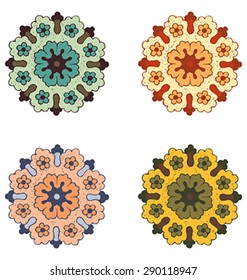 Vector round colorful mandala flower vintage set, circle background, lacy arabesque texture designs. Orient traditional ornament. Oriental motif symbol isolated on white