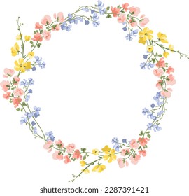 Vector Round Colourful Wildflowers Wreath Botanical Illustration