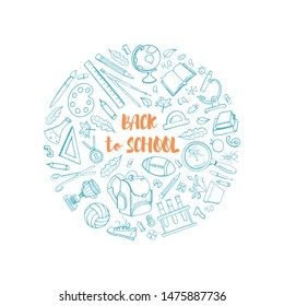 Vector round composition of sketch back to school on a white background