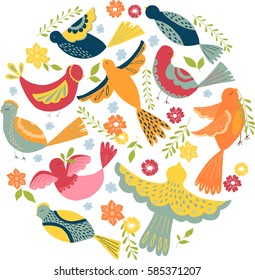 Vector round concept with birds. Design element for congratulation cards, gift package, banners and flyers.  Poster or t-shirt design.