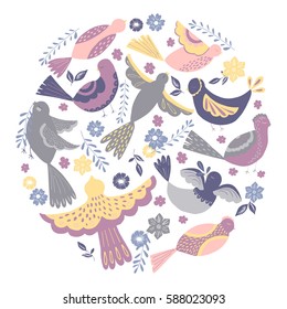 Vector round concept with birds. Hand drawn lettering "spring". Design element for congratulation cards, gift package, banners and flyers.  Poster or t-shirt design.