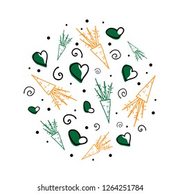 Vector round concept with carrots, curls and hearts on a white background. Great for printing and textile design.Hand drawn