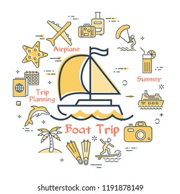 Vector round concept of sea yacht or small boat with sail and yellow summer vacation icons. Trip planning by airplane or other transport and summer activity - windsurfing, kite surfing and diving