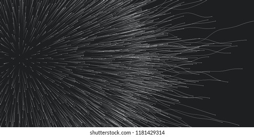 Vector round curly trails of explosion background. Out of centric debris motion. Particles blurred into rays or wavy lines under high speed of motion. Burst, explosion backdrop