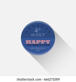 Vector round dark blue web element for Independence Day with striped text, stars, text and long shadow on the light gray background.
