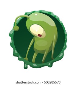 Vector round dark green frame with mucus and with cartoon image of funny green microbe with one large eye, with an antenna, with arms and legs, standing sad on a white background. 