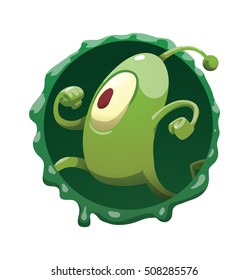 Vector round dark green frame with mucus and with cartoon image of funny green microbe with one large eye, with an antenna, with arms and legs, running somewhere on a white background. 