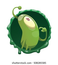 Vector round dark green frame with mucus and with cartoon image of funny green microbe with one large eye, with an antenna, with arms and legs, standing pensive on a white background. 