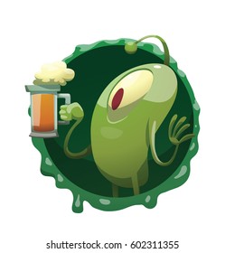 Vector round dark green frame with mucus and with cartoon image of a funny green microbe with one big eye, with an antenna, with arms, legs, standing with a mug of beer in hand on a white background.