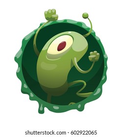 Vector round dark green frame with mucus and with cartoon image of a funny green microbe with one big eye, with an antenna, with arms and legs, jumping and rejoicing on a white background.